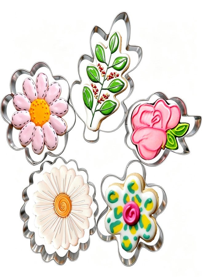 TUZICAKE 5Pcs Spring Flowers Cookie Cutters, Sunflower Dasiy Rose Tulip Shapes Biscuits Molds Stainless Steel Cutter Set for Mother's Day, Father's Day, Valentine's Day, Thanksgiving - Image 1