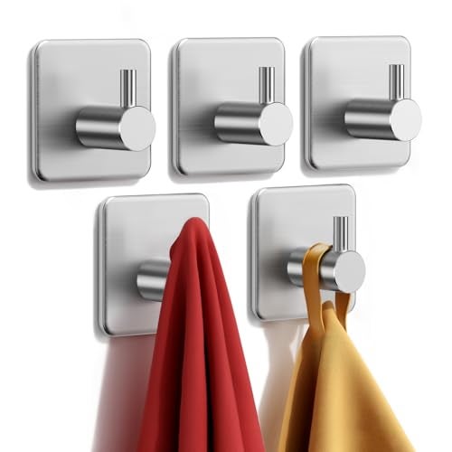 Auxmir Adhesive Hooks Heavy Duty 22lb(Max) Towel Hooks for Shower, 5 Pack Self Adhesive Damage Free Wall Hooks, Stainless Steel for Coat Robe, Waterproof Oilproof Rustproof for Bathroom Kitchen Office - Image 1