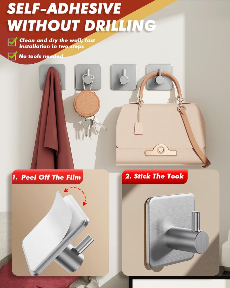 Auxmir Adhesive Hooks Heavy Duty 22lb(Max) Towel Hooks for Shower, 5 Pack Self Adhesive Damage Free Wall Hooks, Stainless Steel for Coat Robe, Waterproof Oilproof Rustproof for Bathroom Kitchen Office - Image 3