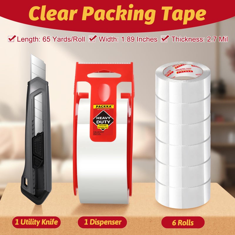 PACKKA Heavy Duty Packing Tape for Moving Boxes and Packaging Supplies, Total 390y, 6 Rolls Clear Moving Tape with Dispenser and Utility Knife, 1.89in. X65yd, Mailing and Moving Supplies - Image 2