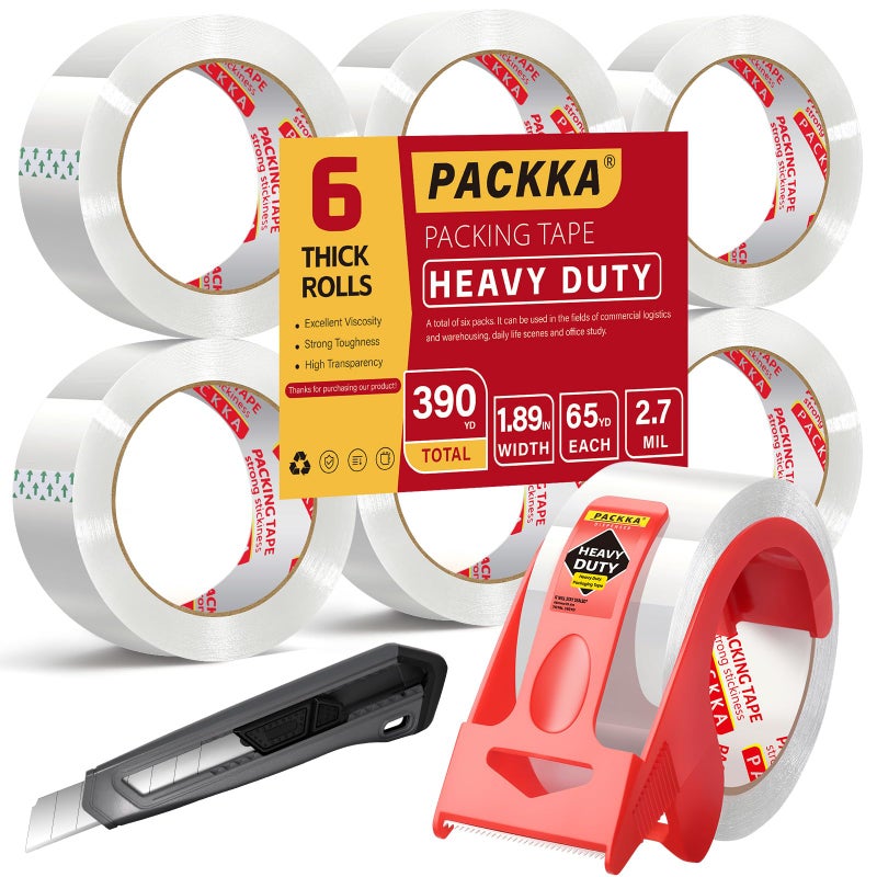 PACKKA Heavy Duty Packing Tape for Moving Boxes and Packaging Supplies, Total 390y, 6 Rolls Clear Moving Tape with Dispenser and Utility Knife, 1.89in. X65yd, Mailing and Moving Supplies - Image 1