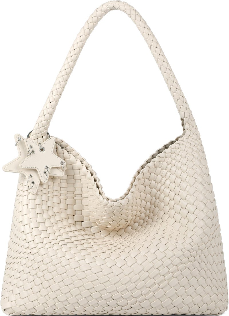 Queenoris Fashion Woven Purse for Women Tophandle Shoulder Bag Soft Summer Hobo Tote Bag Beige