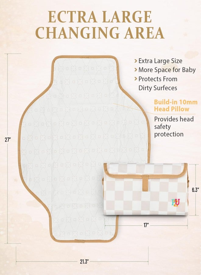 PZU Portable Diaper Changing Pad - Waterproof Travel Changing Mat with Built-in Pillow, Gifts for Baby Shower, Newborn Girls & Boys（Beige Checkers） - Image 3