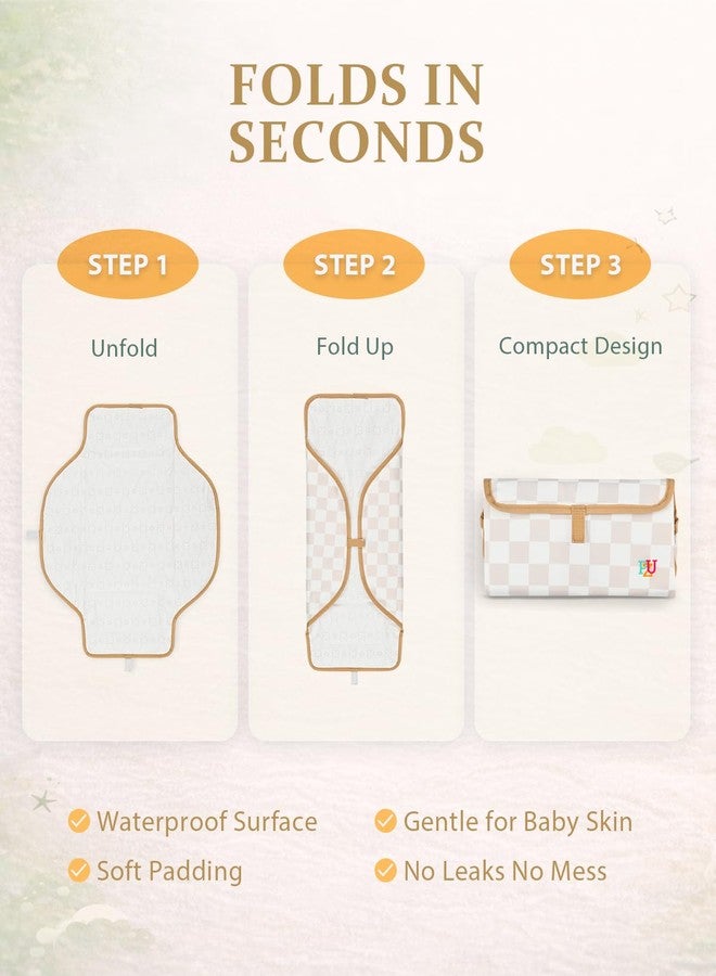PZU Portable Diaper Changing Pad - Waterproof Travel Changing Mat with Built-in Pillow, Gifts for Baby Shower, Newborn Girls & Boys（Beige Checkers） - Image 5