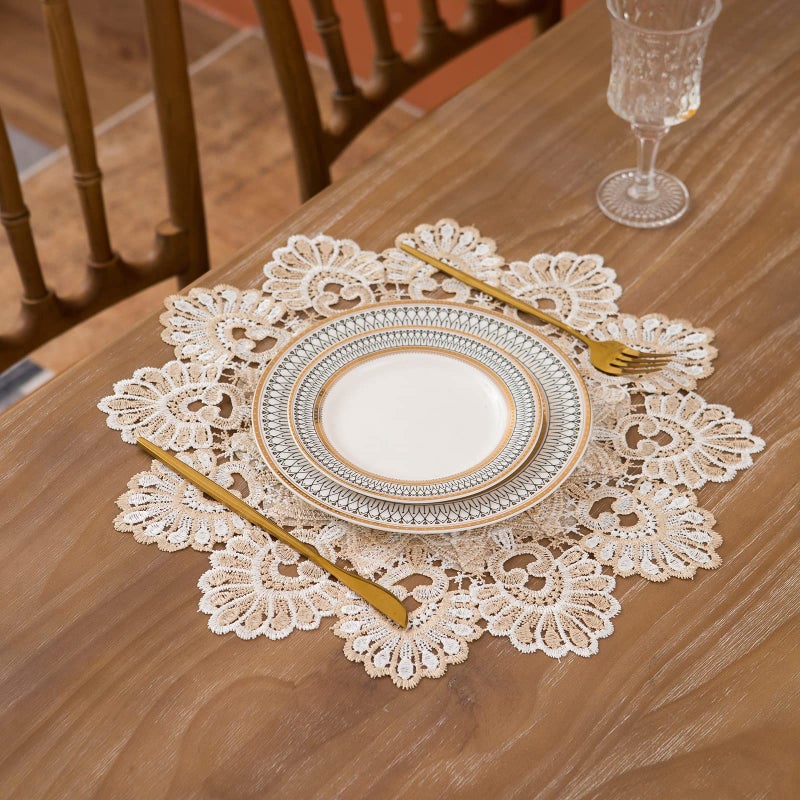VIRFONOR European Antique Jacquard Lace Table Doilies,Small Farmhouse Linen Embroidered Table Topper Scarf Place Mat RusticTable Cover (Flower Shape, Diameter 15.7Inch) - Image 2