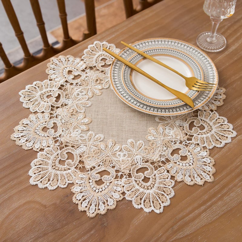 VIRFONOR European Antique Jacquard Lace Table Doilies,Small Farmhouse Linen Embroidered Table Topper Scarf Place Mat RusticTable Cover (Flower Shape, Diameter 15.7Inch) - Image 4