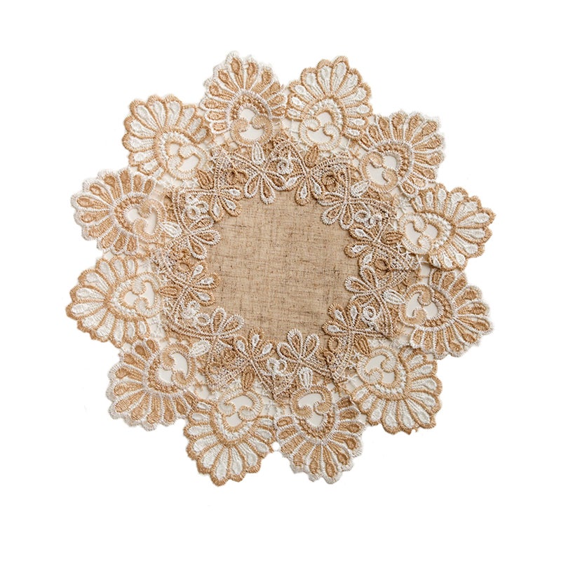 VIRFONOR European Antique Jacquard Lace Table Doilies,Small Farmhouse Linen Embroidered Table Topper Scarf Place Mat RusticTable Cover (Flower Shape, Diameter 15.7Inch) - Image 1