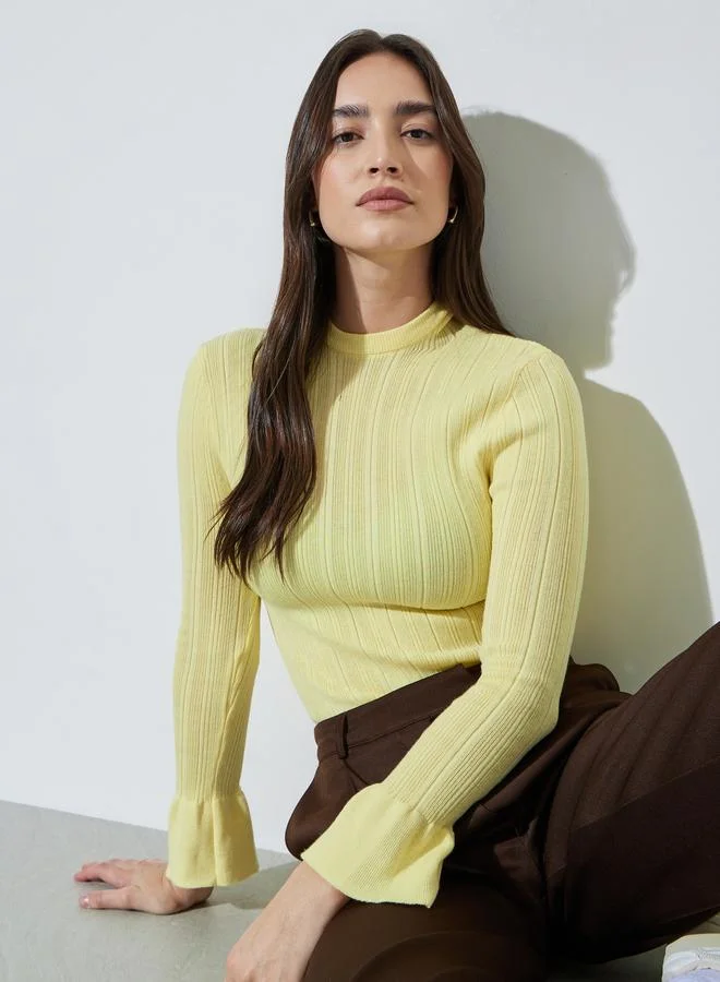 ستايلي Yellow Solid Ribbed Hooded Neck Jumper