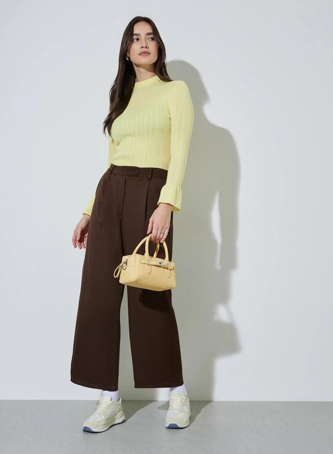 ستايلي Yellow Solid Ribbed Hooded Neck Jumper