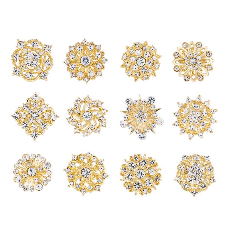 MEEDOZ Lot 12Pcs Assorted Crystal Rhinestone Flower Brooch Pins Set for Crafts Embellishment, Wedding Bouquet Brooches for Women Fashion (Gold Tone) - Image 1