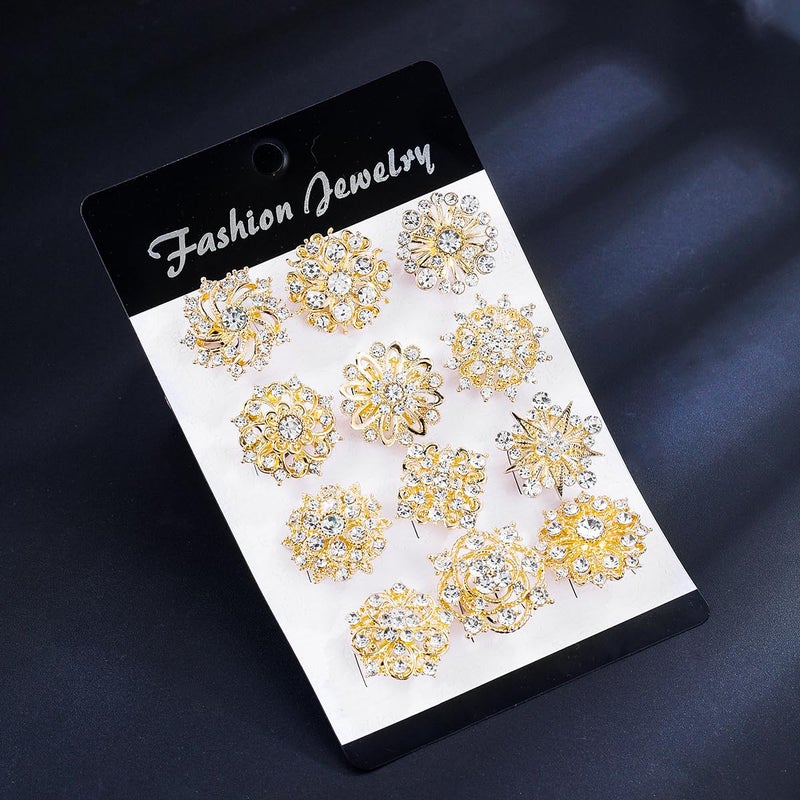 MEEDOZ Lot 12Pcs Assorted Crystal Rhinestone Flower Brooch Pins Set for Crafts Embellishment, Wedding Bouquet Brooches for Women Fashion (Gold Tone) - Image 5