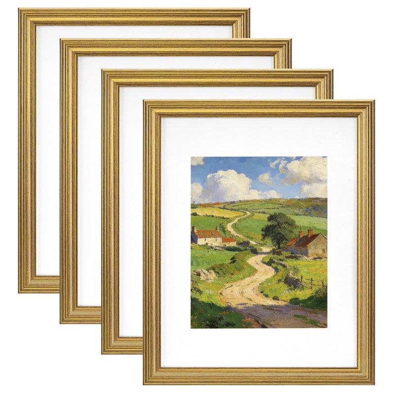 eletecpro 11x14 Gold Picture Frames Set of 4, Vintage Photo Frames with Clear Acrylic Cover, Gallery Wall Art Display 8x10 Photo with Mat or 11x14 without Mat for Tabletop or Wall Mount, Home Decor - Image 1