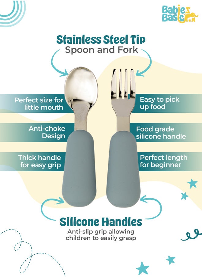 Babies Basic 5 Pc Set With Silicone Plate, Bowl, Cup And Stainless Steel Cutlery With Case - Indigo  - Image 4