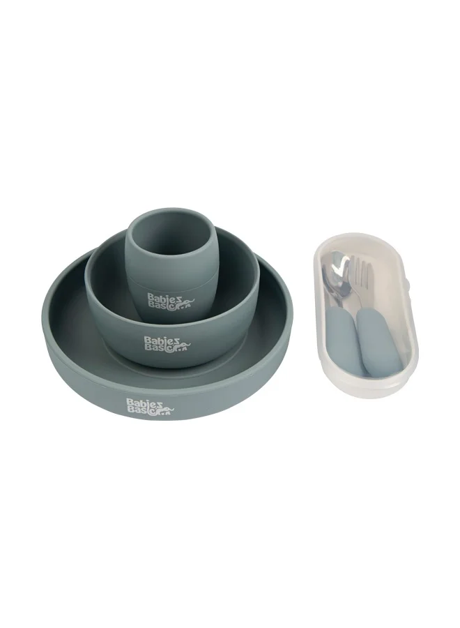 Babies Basic 5 Pc Set With Silicone Plate, Bowl, Cup And Stainless Steel Cutlery With Case - Indigo