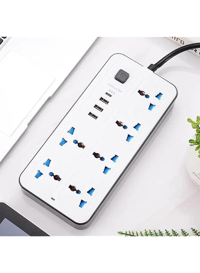 Sprinters - Universal Extension Socket | 2 Meter Wire | 6 AC Outlets | 3 USB Ports | 1 USB-C Port | UK Plug 3 Pin Socket Outlet | Surge Protector Power Strip for Home, Office, and Electronics (White) - Image 1