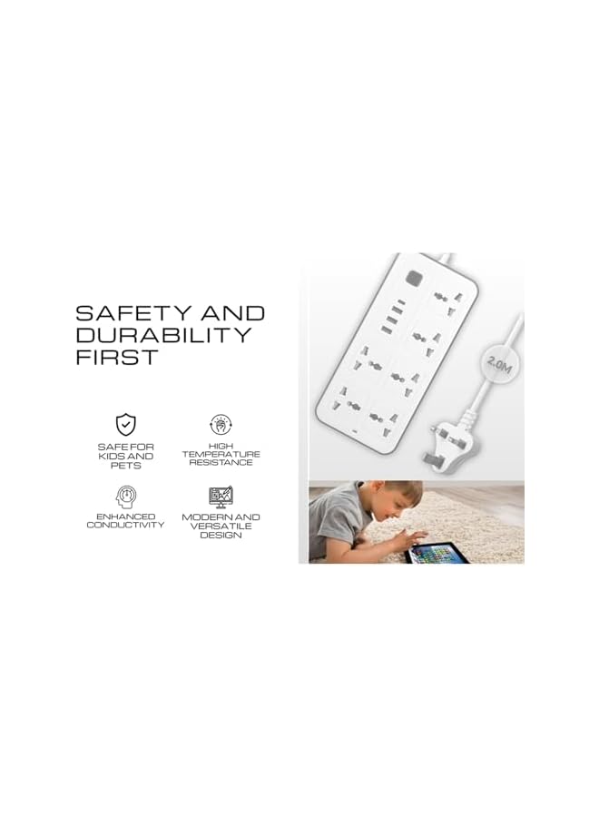 Sprinters - Universal Extension Socket | 2 Meter Wire | 6 AC Outlets | 3 USB Ports | 1 USB-C Port | UK Plug 3 Pin Socket Outlet | Surge Protector Power Strip for Home, Office, and Electronics (White) - Image 4