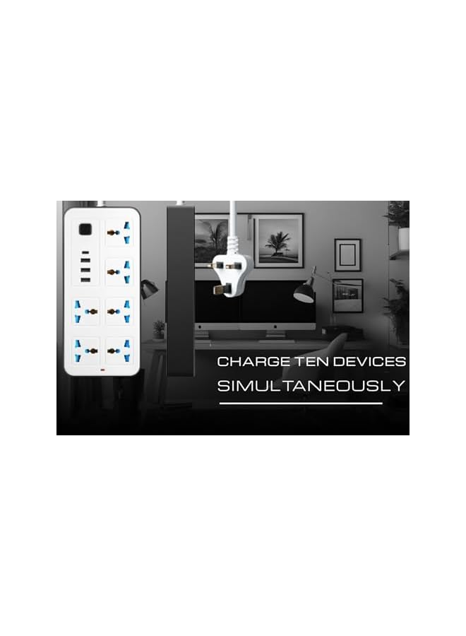 Sprinters - Universal Extension Socket | 2 Meter Wire | 6 AC Outlets | 3 USB Ports | 1 USB-C Port | UK Plug 3 Pin Socket Outlet | Surge Protector Power Strip for Home, Office, and Electronics (White) - Image 3
