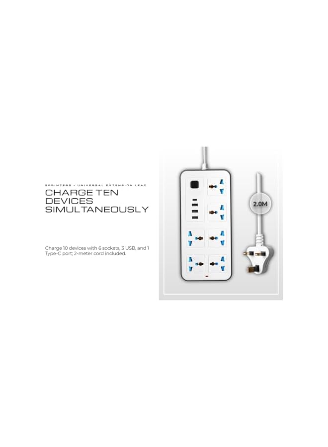 Sprinters - Universal Extension Socket | 2 Meter Wire | 6 AC Outlets | 3 USB Ports | 1 USB-C Port | UK Plug 3 Pin Socket Outlet | Surge Protector Power Strip for Home, Office, and Electronics (White) - Image 5