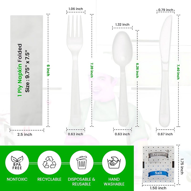 Pokanic Plastic Utensils Silverware Wrapped Combo Set Bulk Variety Pack Disposable Cutlery Party Supply Heavy Duty Forks  Spoons  Knives  Napkins  Salt and Pepper (125  White - Set A) - Image 2