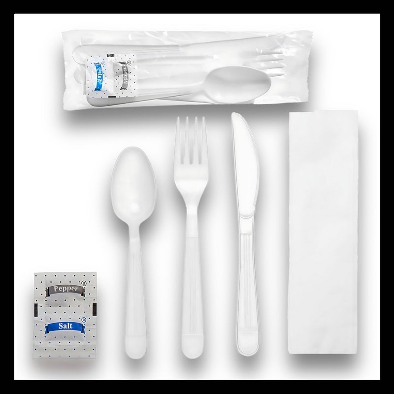 Pokanic Plastic Utensils Silverware Wrapped Combo Set Bulk Variety Pack Disposable Cutlery Party Supply Heavy Duty Forks  Spoons  Knives  Napkins  Salt and Pepper (125  White - Set A) - Image 1