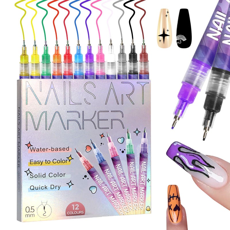 MKNZOME 12 Color Nail Art Pens, 0.5 MM Nail Polish Pens Set Drawing Painting Point Liner Acrylic Painted Pen Kit, Waterproof and Quick-drying Nail for DIY Nails Art Design Manicure Tools - Image 1