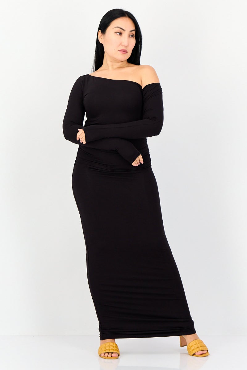 bebe فستان ماكسي نسائي سادة، أسود - Image 1