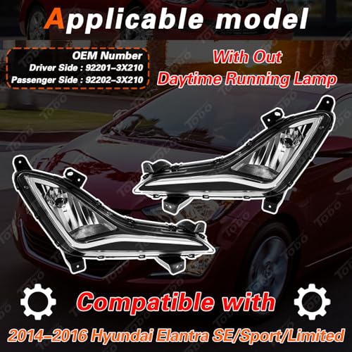 TODO 92201-3X210 Halogen Fog Lights Compatible With 2014 2015 2016 Hyundai Elantra SE Sport Limited Fog Lamps with out Daytime Running Lamp 92202-3X210 (A Pair) - Image 2