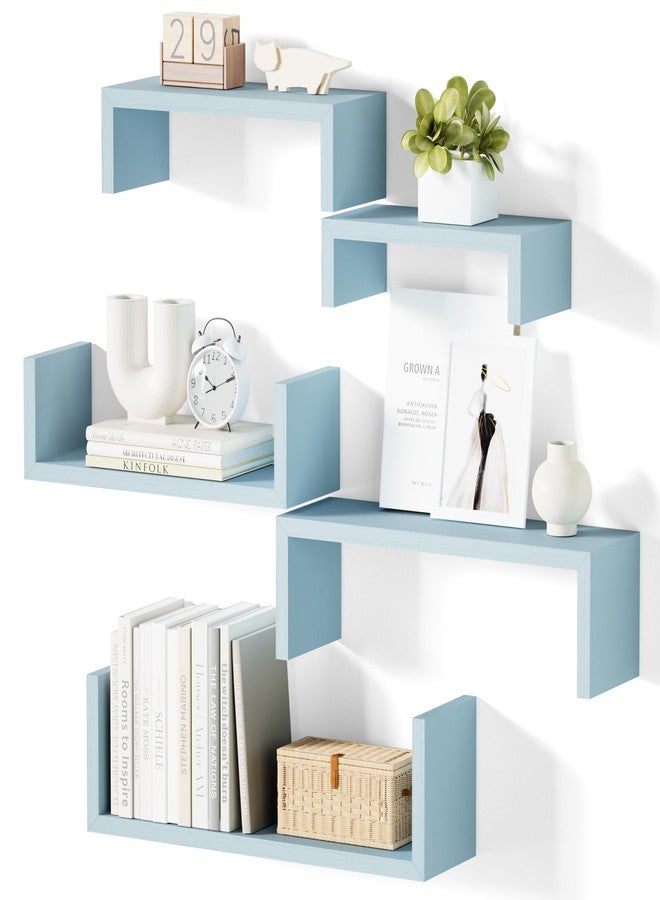 SRIWATANA Floating Shelves for Wall, Wall Shelves for Bathroom, Bedroom, Living Room, Kitchen, Office, Wood Shelves for Wall Decor Set of 5 (Blue) - Image 1