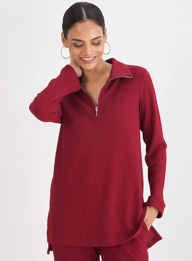 Femmella Women Deep Red Waffle Knit High Neck Top