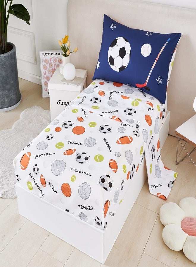 URBONUR 4-Piece Toddler Bedding Set - Ultra Soft Sports Series Baseball Football Basketball Boys Toddler Comforter Set Navy - Include Comforter, Flat Sheet, Fitted Sheet and Reversible Pillowcase - Image 3