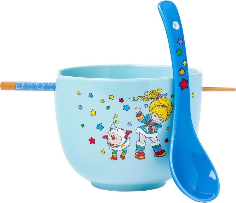 Silver Buffalo Rainbow Brite and Twink Ceramic Ramen Noodle Rice Bowl with Chopsticks and Spoon Microwave Safe 20 Ounces - Image 1