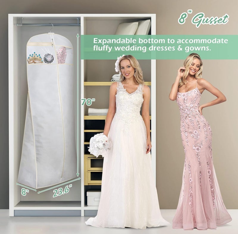 MISSLO 70" Bridal Wedding Gown Dress Garment Bag with Accessories Pouch Large Travel Garment Cover 8" Gusset (White) - Image 3