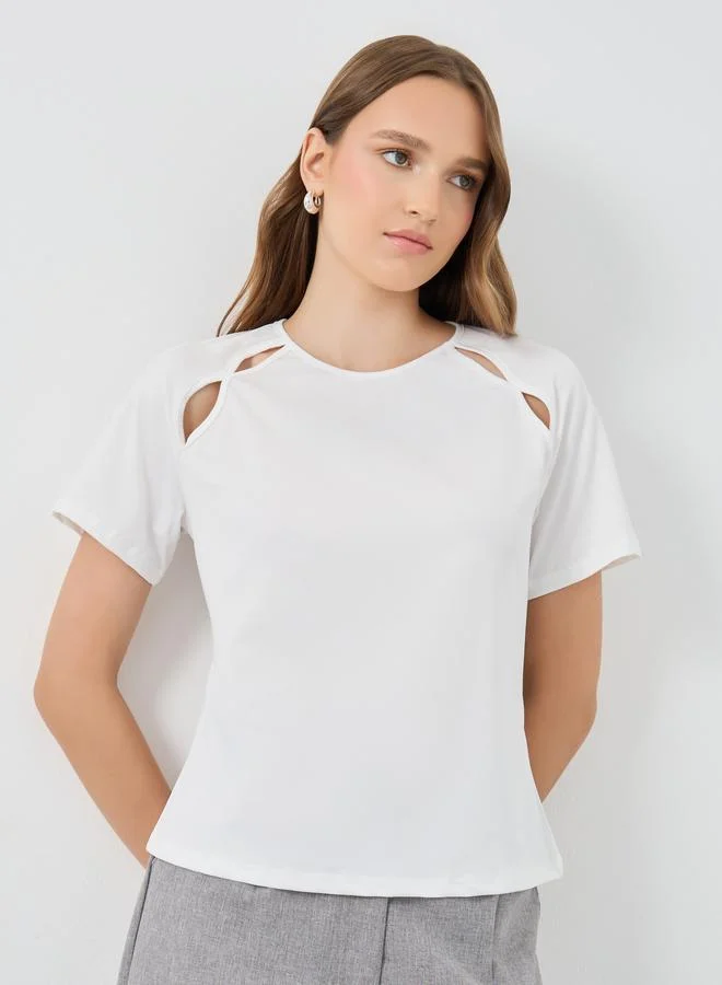 Take Two Take Two Solid Round Neck T-Shirt with Cut-Out Detail
