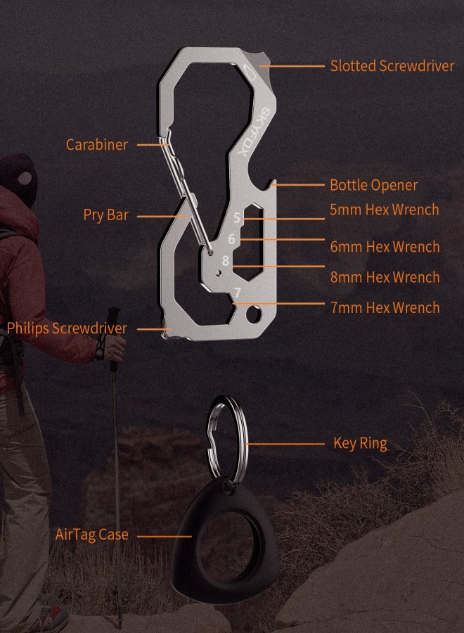 SkyFox Multitool Carabiner Clip Keychain with AirTag Case, EDC Credit Card Tool with Bottle Opener,Screwdriver, Hex Wrench,Pry Bar for Hiking Camping Travel Adventure Tools - Image 2
