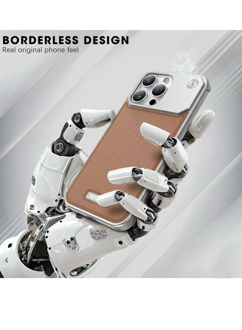 بلو فاير غلاف آيفون 16 برو ماكس الفاخر من الألومنيوم والجلد - تصميم أنيق، متوافق مع ماج سيف، مزود بموزع عطر مدمج - حماية متينة خفيفة الوزن، شاحن لاسلكي، غلاف فاخر (فضي تيتانيوم) - Image 2