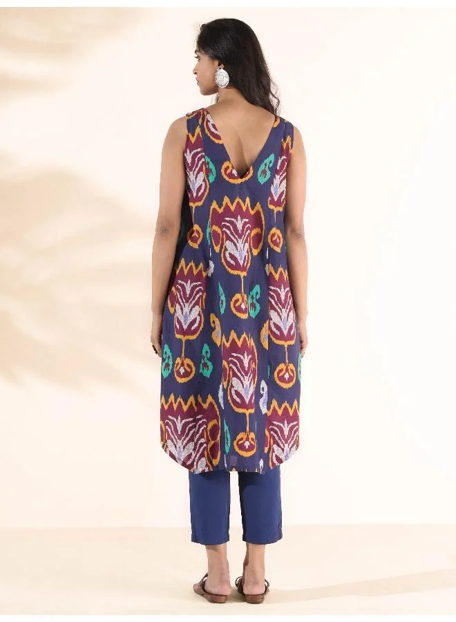 trueBrowns trueBrowns Purple Cotton Ikat Sleeveless Kurta Pant Set