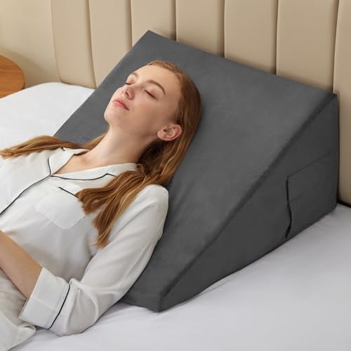 Bedluxe Wedge Pillow, 10 inch Bed Wedge Pillow for Headboard, Pillow Wedge for Acid Reflux Relief, Sleeping, After Surgery, Snoring, Gerd, Triangle Pillow Wedge - Cooling Memory Foam Top, Plush Grey - Image 1