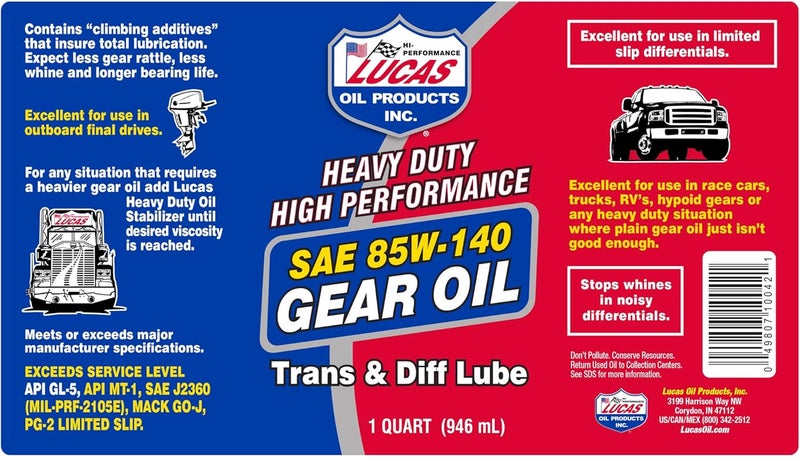 LUCAS oil LUC10042 SAE 85W-140-1 Quart Heavy Duty Gears Oil - Multi Color - Image 1