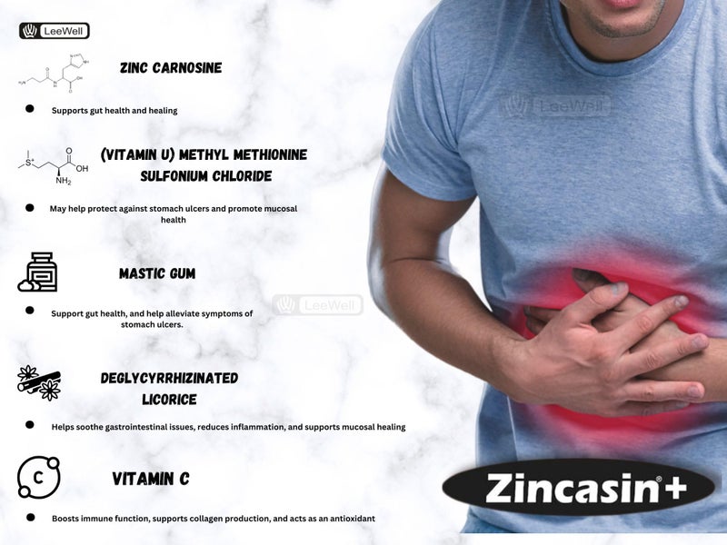 Zincasin +Plus Advanced Digestive Tract Lining Repair Aid | Gut Mucosal Barrier Enhancer for Nutrient Absorption, Gastric Discomfort, Leaky Gut, Stomach Ulcer, H.pylori Support | Zinc L-Carnosine, DGL Licorice Root Extract, Mastic Gum, Vitamin U & C - 30 Tablets LeeWell Pharma - Image 3