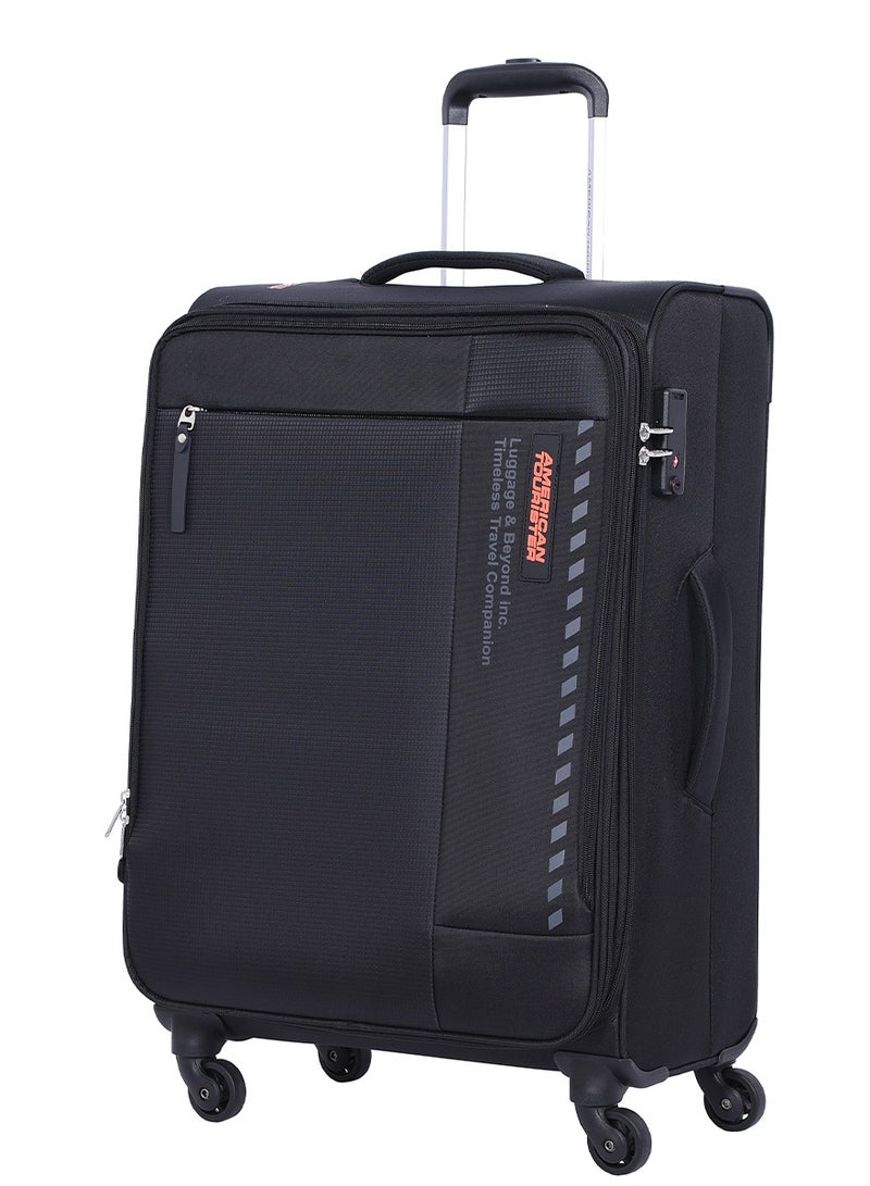 AMERICAN TOURISTER Marina Suitcase, Check-In Size 70 cm / 26 inch, 4 Spinner Wheels, Soft Top, 100% Polyester, Black|Inner Mesh Zippered Pocket|Expandable|TSA Lock|Voluminous Front Pocket - 3 Years International Warranty - Image 1