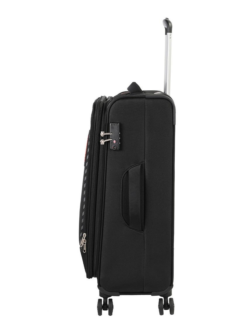 AMERICAN TOURISTER Marina Suitcase, Check-In Size 70 cm / 26 inch, 4 Spinner Wheels, Soft Top, 100% Polyester, Black|Inner Mesh Zippered Pocket|Expandable|TSA Lock|Voluminous Front Pocket - 3 Years International Warranty - Image 2
