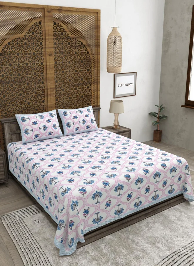 CLOTHOLOGY CLOTHOLOGY Pink & Blue Printed Pure Cotton 180 TC King Bedsheet Set
