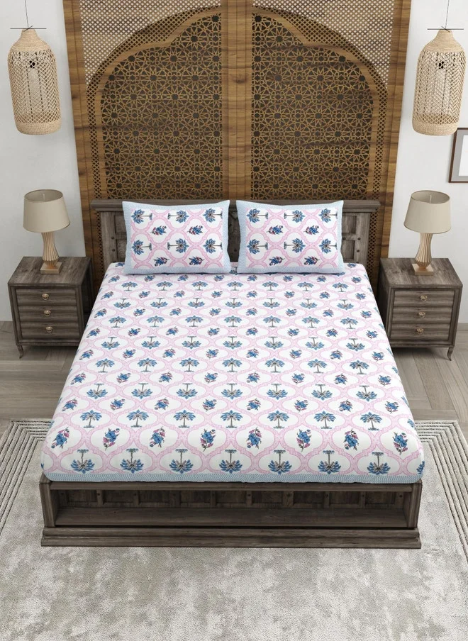 CLOTHOLOGY CLOTHOLOGY Pink & Blue Printed Pure Cotton 180 TC King Bedsheet Set