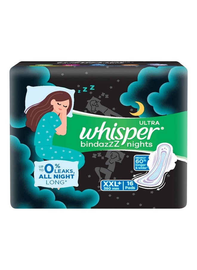 Whisper Bindazzz Nights Sanitary Pads, 16 Xxl+ Pads, Upto 0% Leaks All Night Long, For Heavy Flow, 60% Longer & Wider Back, Comfortable Cushiony Soft Wings, Disposable Wrapper  - Image 1