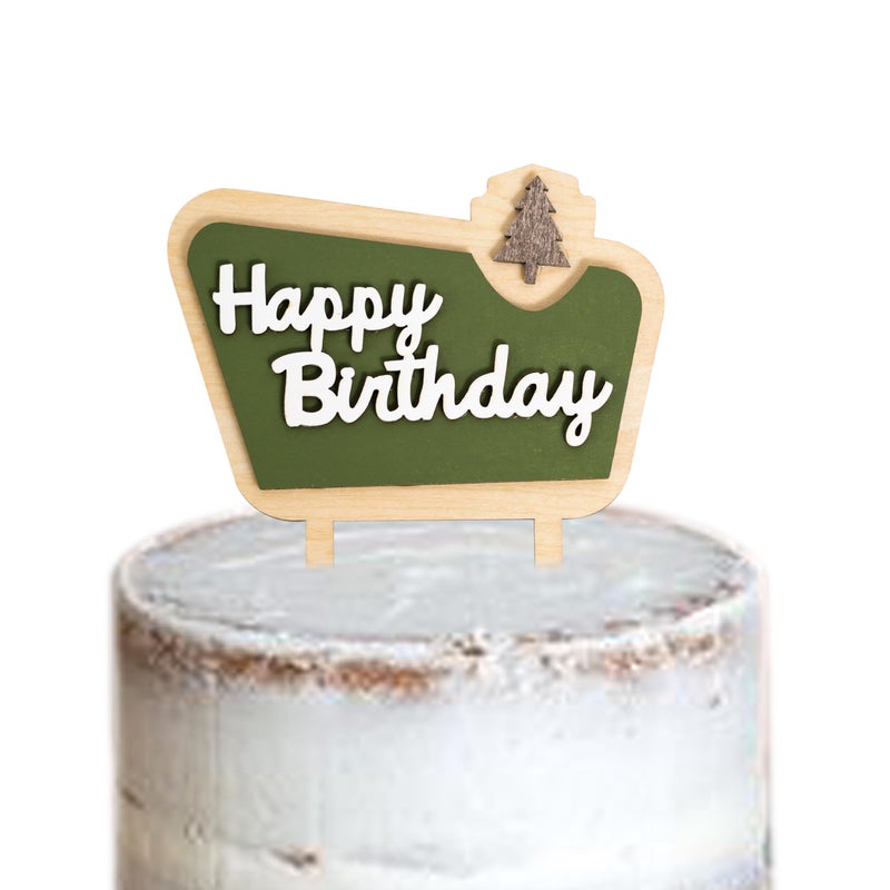 MUWEOL Happy Camper Wooden Cake Topper - Happy Bithday Cake Topper Camping Birthday Party Decoration Woodland Cake Toppers For Boys (camper birth topper) - Image 1
