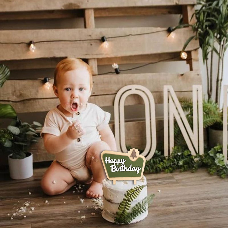 MUWEOL Happy Camper Wooden Cake Topper - Happy Bithday Cake Topper Camping Birthday Party Decoration Woodland Cake Toppers For Boys (camper birth topper) - Image 3