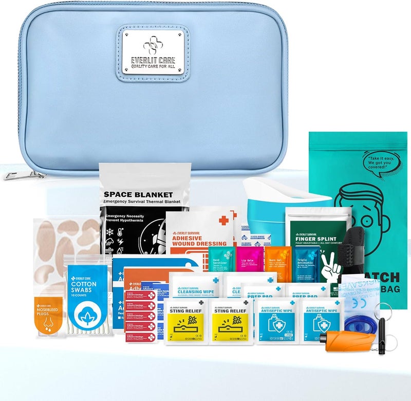 EVERLIT CARE Car First Aid Kit with Emergency Supplies Survival Gear Including Window Breaker Disposable Urine Bag Mountable Survival Kit for Family Travel in Car Cyan - Image 1