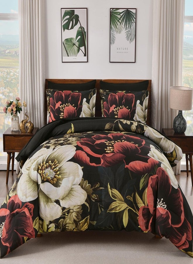 Dintszyayue Black Red Comforter Set King Size, Floral 7 Pieces Bed in a Bag Set, Texture Red Flower Bedding Sets, Soft Microfiber for All Season with Flat Sheet Fitted Sheets Pillowcases and Shams - Image 1