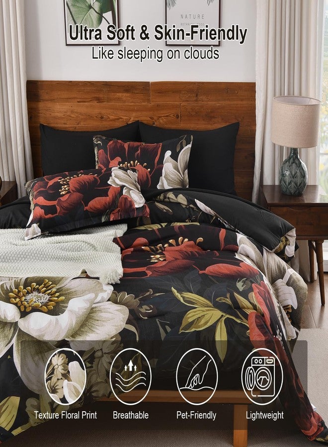 Dintszyayue Black Red Comforter Set King Size, Floral 7 Pieces Bed in a Bag Set, Texture Red Flower Bedding Sets, Soft Microfiber for All Season with Flat Sheet Fitted Sheets Pillowcases and Shams - Image 4