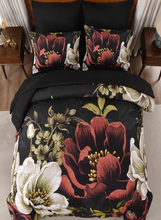 Dintszyayue Black Red Comforter Set King Size, Floral 7 Pieces Bed in a Bag Set, Texture Red Flower Bedding Sets, Soft Microfiber for All Season with Flat Sheet Fitted Sheets Pillowcases and Shams - Image 3